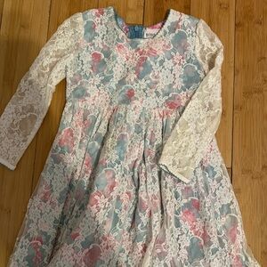 Pink and Green Fit and Flare Formal Dress with Bishop Sleeves